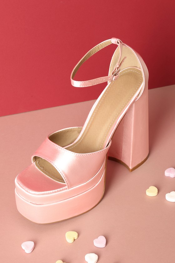 Baby Pink Satin Peep Toe Platform Block Heel – FloralKini